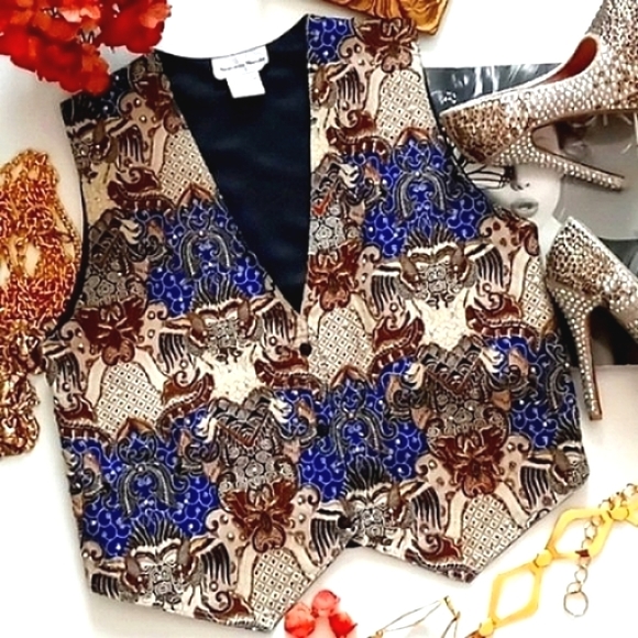 "WESTERN TRIBAL" Vintage "ART to WEAR" Ethnic Beaded Graphics Snap Buttons Vest - Picture 2 of 13